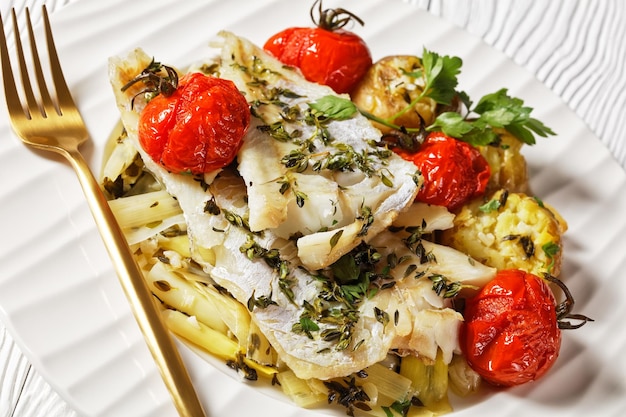 primer plano de filetes de pescado blanco con puerro estofado, tomates cherry al horno y papas para bebés en un plato blanco con tenedor dorado, vista horizontal desde arriba