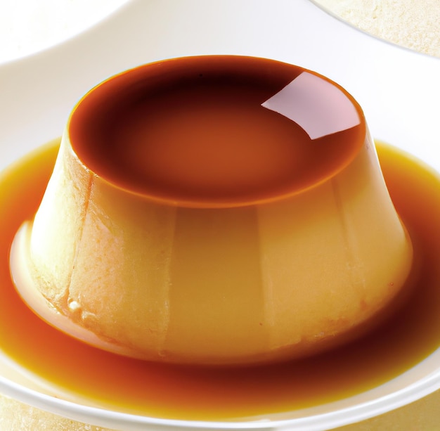 Primer plano de flan en un plato blanco creado con tecnología de IA generativa