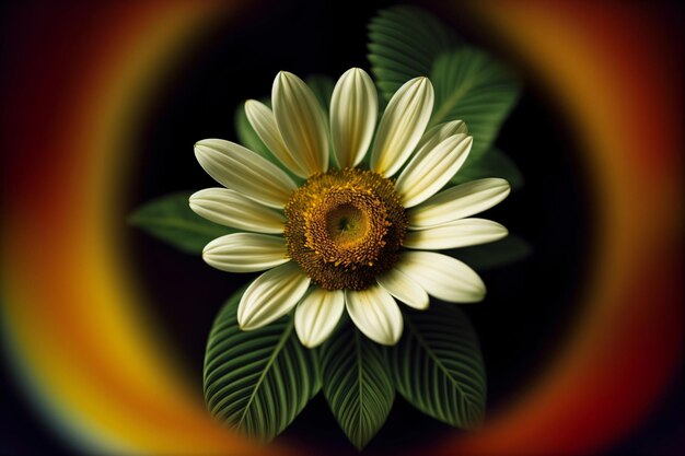 Un primer plano de una flor con un arco iris en el fondo