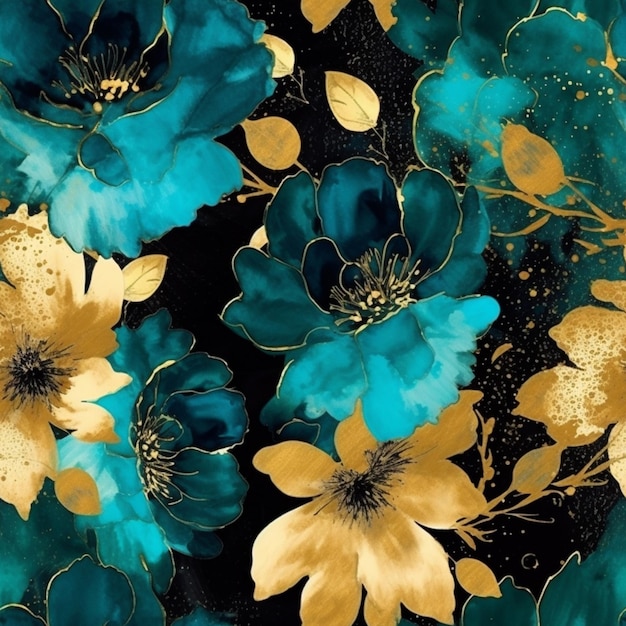 Un primer plano de una flor azul y dorada sobre un fondo negro ai generativo