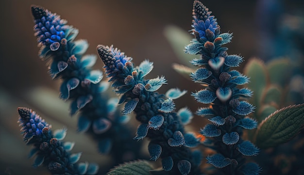 Un primer plano de una flor azul con la palabra amor