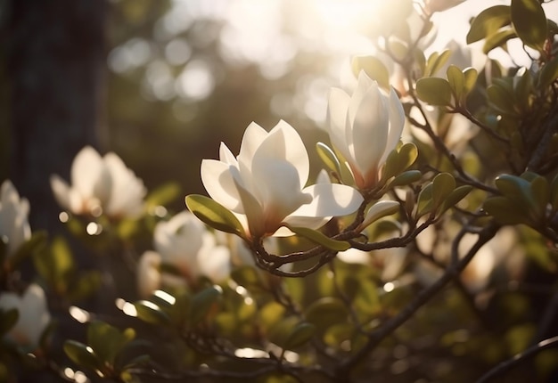 un primer plano de una flor blanca en un árbol con el sol brillando a través de las hojas ai generativo