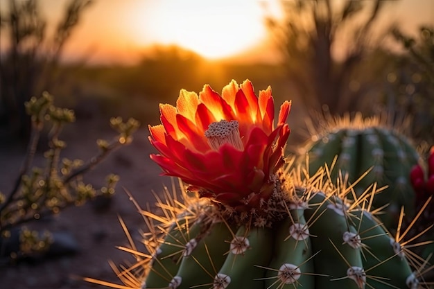 Primer plano de una flor de cactus en el amanecer o atardecer del desierto