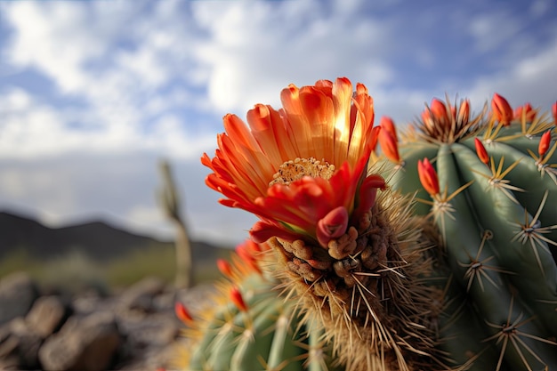 Primer plano de una flor de cactus con el cielo del desierto en el fondo