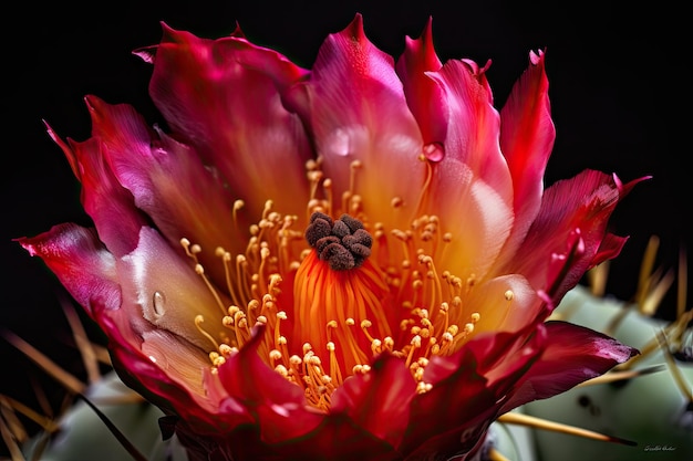 Primer plano de flor de cactus con sus colores vibrantes y texturas creadas con ai generativo