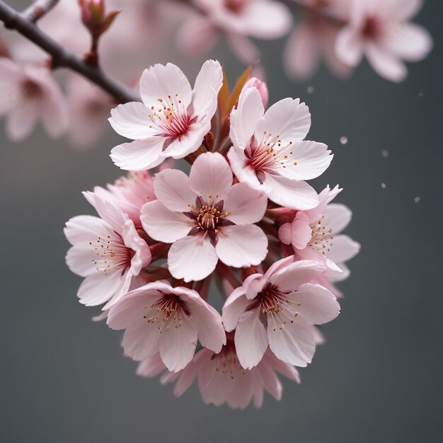 un primer plano de una flor de cerezo con gotas de lluvia en ella
