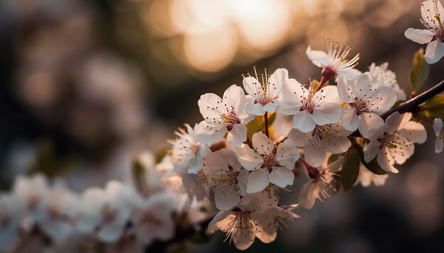 Un primer plano de una flor de cerezo con el sol brillando a través de las ramas