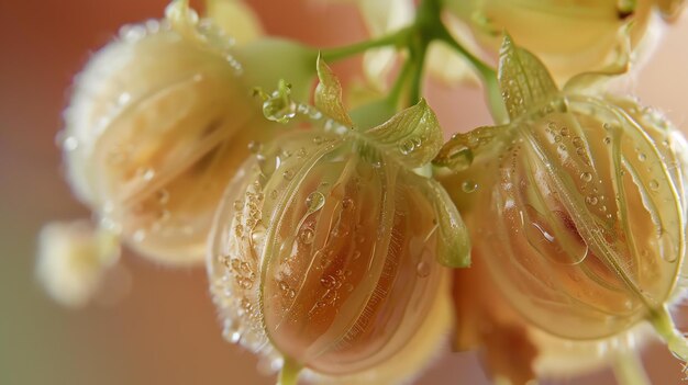 Un primer plano de una flor delicada con pétalos transparentes cubiertos de gotas de lluvia La flor es de un hermoso color amarillo pálido con un tallo verde claro