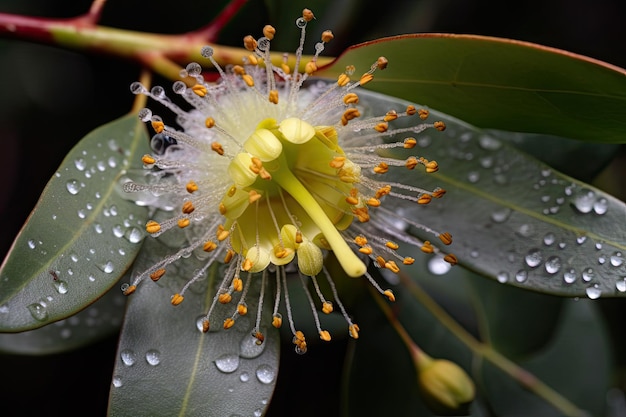 Primer plano de una flor de eucalipto con gotas de rocío en los pétalos