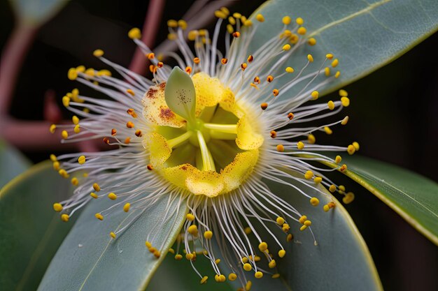 Primer plano de una flor de eucalipto con sus delicados pétalos y centro amarillo a la vista