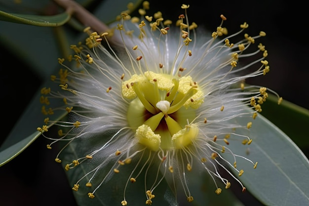 Primer plano de una flor de eucalipto con sus delicados pétalos y centro amarillo a la vista