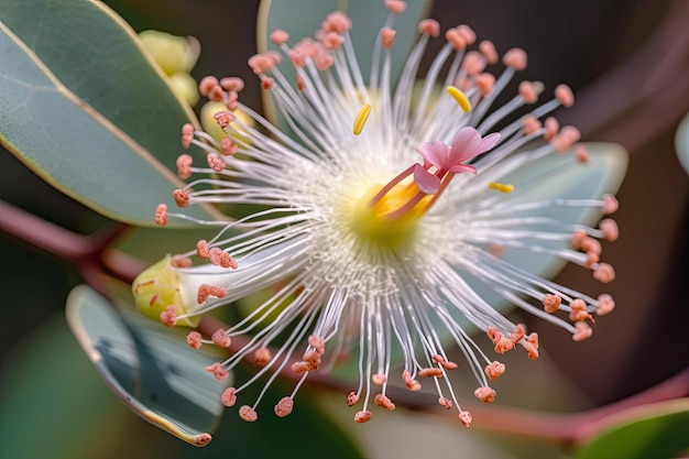 Primer plano de una flor de eucalipto con sus delicados pétalos y néctar