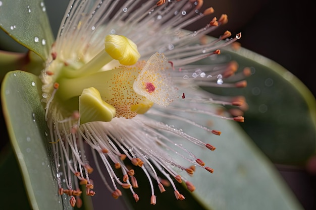 Primer plano de la flor de eucalipto con sus intrincados pétalos y delicado polen visible