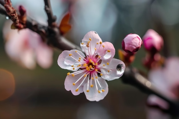 Un primer plano de una flor con una gota de agua en el centro