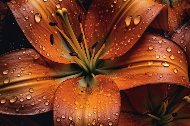 Un primer plano de una flor con gotas de agua sobre ella