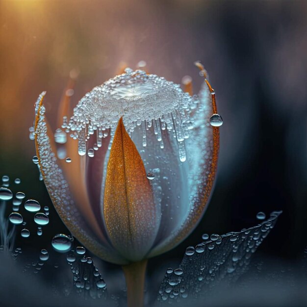 Un primer plano de una flor con gotas de agua sobre ella