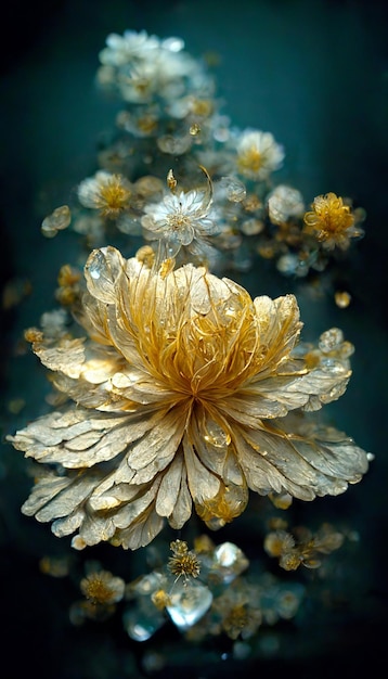 Un primer plano de una flor con gotas de agua sobre ella