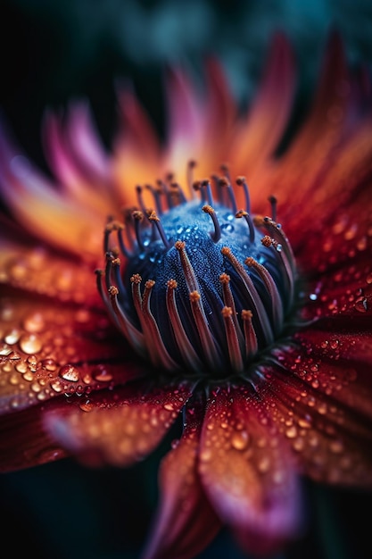 Un primer plano de una flor con gotas de agua sobre ella