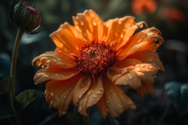 Un primer plano de una flor con gotas de agua sobre ella