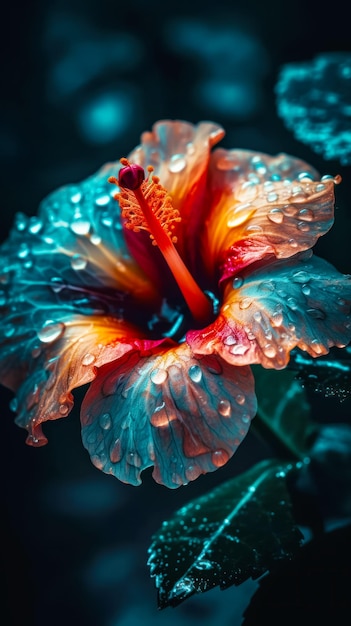 Primer plano de una flor con gotas de agua en sus pétalos IA generativa