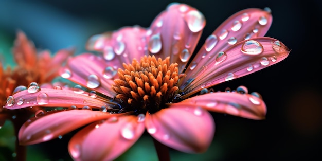 un primer plano de una flor con gotas de agua