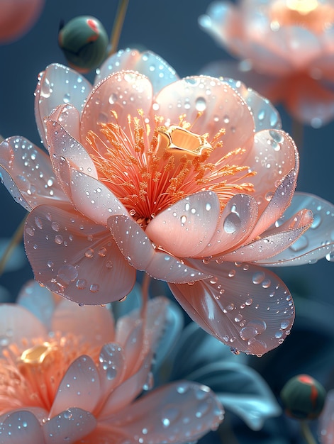 Un primer plano de una flor con gotas de agua