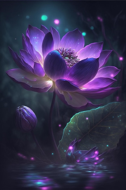 Primer plano de una flor de loto púrpura en el estanque con gota de agua Creado con tecnología de IA generativa