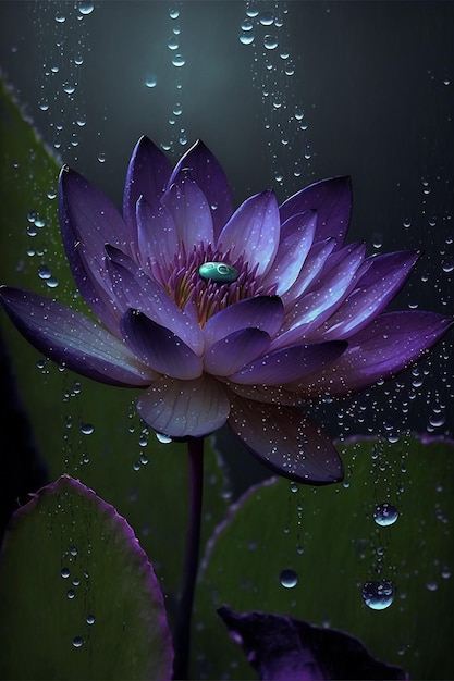 Primer plano de una flor de loto púrpura en el estanque con gota de agua Creado con tecnología de IA generativa