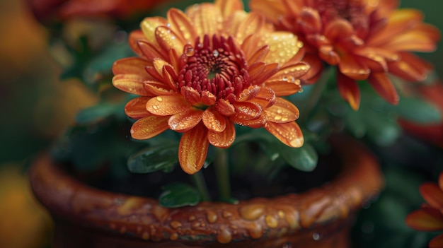 Un primer plano de una flor de melocotón en una maceta con gotas de agua