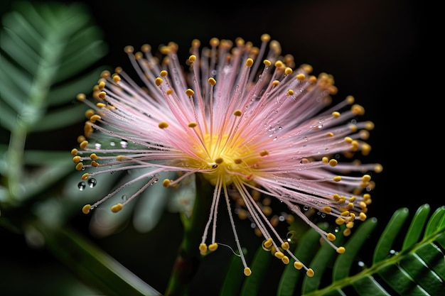 Primer plano de una flor de mimosa con sus intrincados pétalos en exhibición