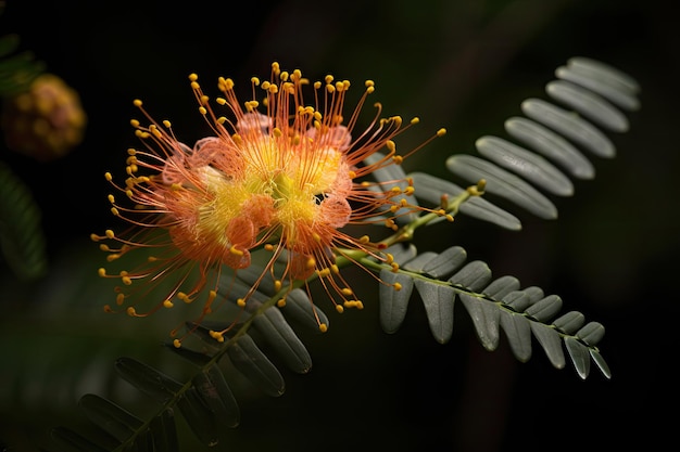 Primer plano de una flor de mimosa con sus intrincados pétalos en exhibición