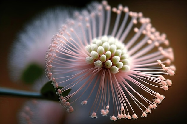 Un primer plano de una flor de mimosa con sus suaves pétalos blancos y delicados centros rosados creados con gen