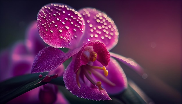 Un primer plano de una flor de orquídea púrpura con gotas de agua sobre ella