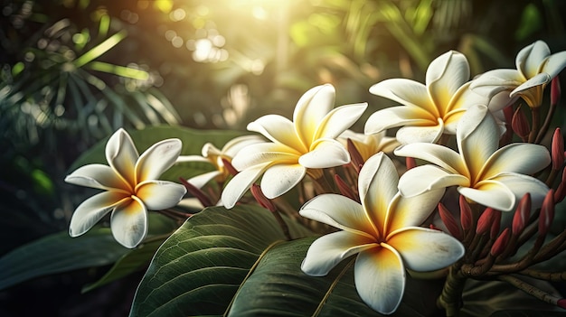 Un primer plano de una flor con la palabra frangipani