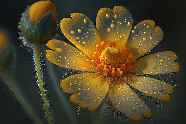 Primer plano de una flor de pradera amarilla con rocío en los pétalos