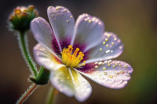 Primer plano de una flor de pradera floreciente con gotas de rocío visibles