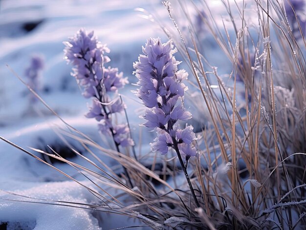 un primer plano de una flor púrpura con la nieve en ella