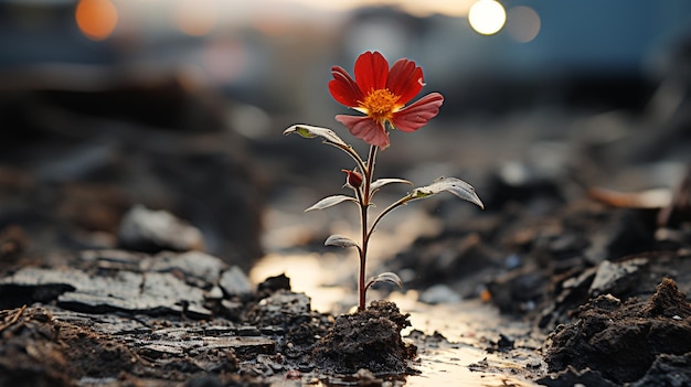 un primer plano de una flor roja en el suelo