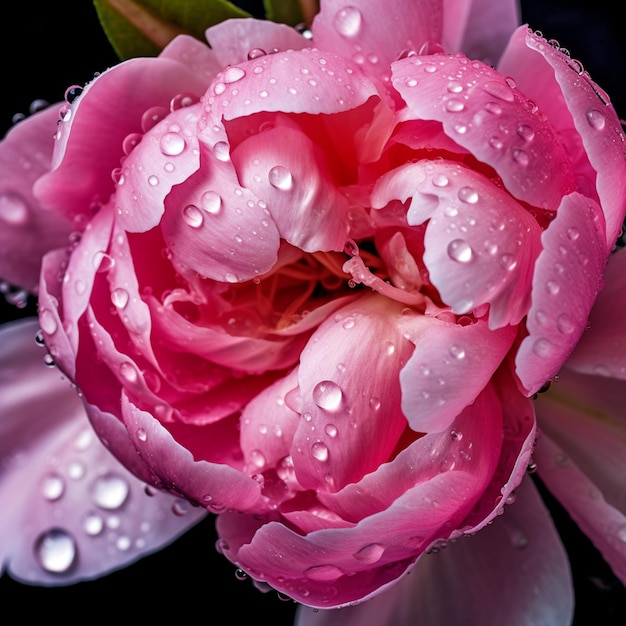 Un primer plano de una flor rosa con gotas de agua en ella