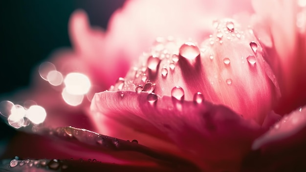 Un primer plano de una flor rosa con gotas de agua sobre ella