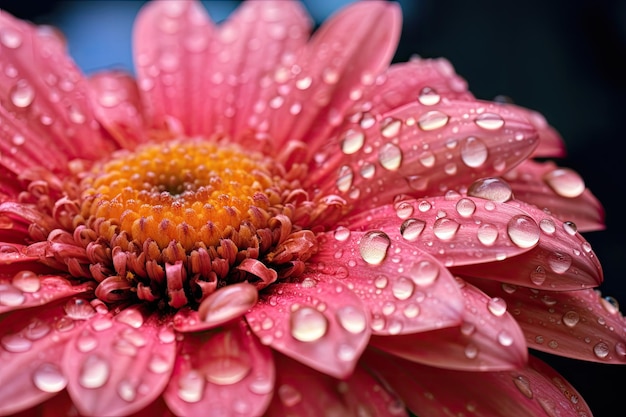 Un primer plano de una flor rosa con gotas de agua sobre ella