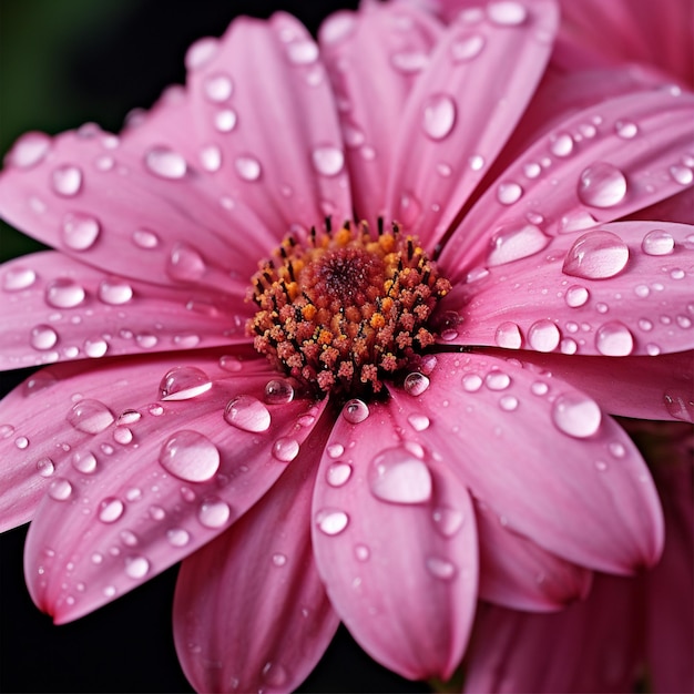 Un primer plano de una flor rosa con gotas de agua sobre ella