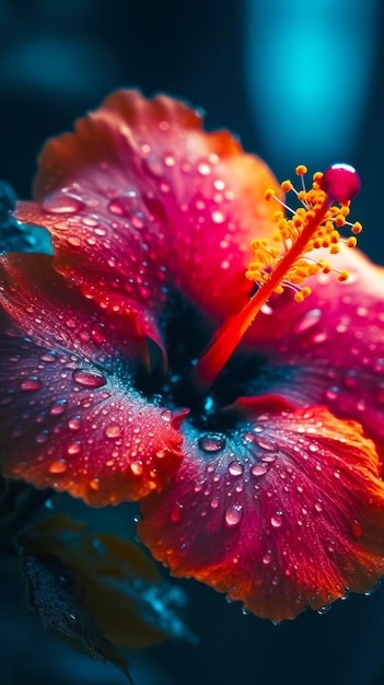 Primer plano de flor rosa con gotas de agua en sus pétalos IA generativa