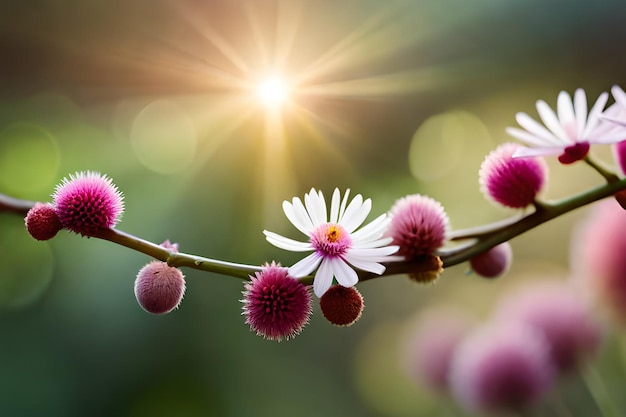 Un primer plano de una flor con el sol brillando detrás de ella