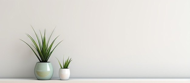 Primer plano de una flor verde en una maceta en un estante en una sala de estar moderna con paredes blancas y decoración minimalista