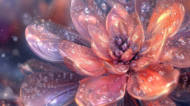 Un primer plano de una flor vibrante parecida a un vidrio con gotas de rocío que muestran detalles intrincados y una estética surrealista soñadora