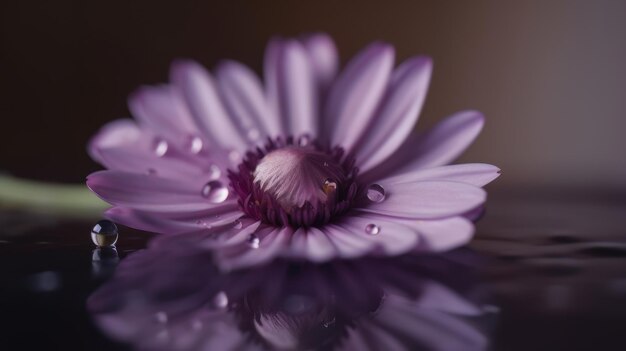 Primer plano de flor violeta con gotas de agua IA generativa