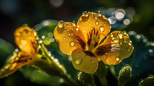 Un primer plano de flores amarillas con gotas de agua sobre ellas