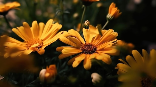 Un primer plano de flores amarillas con la palabra caléndula en la parte inferior