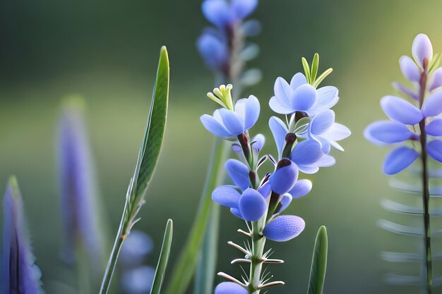 Un primer plano de flores azules con la palabra lupino en el costado